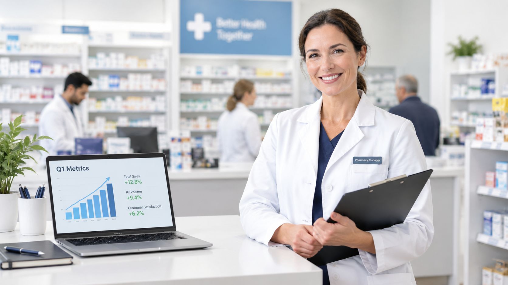 A smiling pharmacy manager stands in front of a computer screen displaying positive Q1 growth metrics.