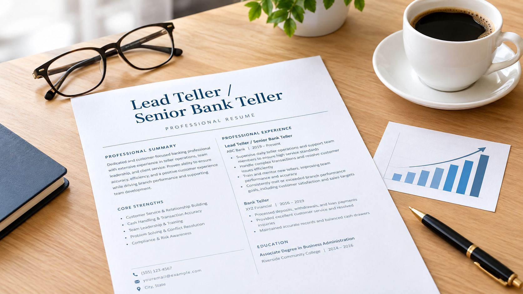 A professional bank teller resume document placed on a wooden desk with eyeglasses, coffee, and a chart.