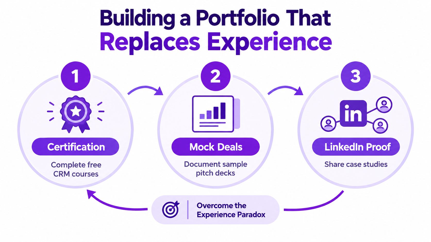 A diagram outlining a three-step process for building a portfolio to replace professional experience for entry-level sales roles.