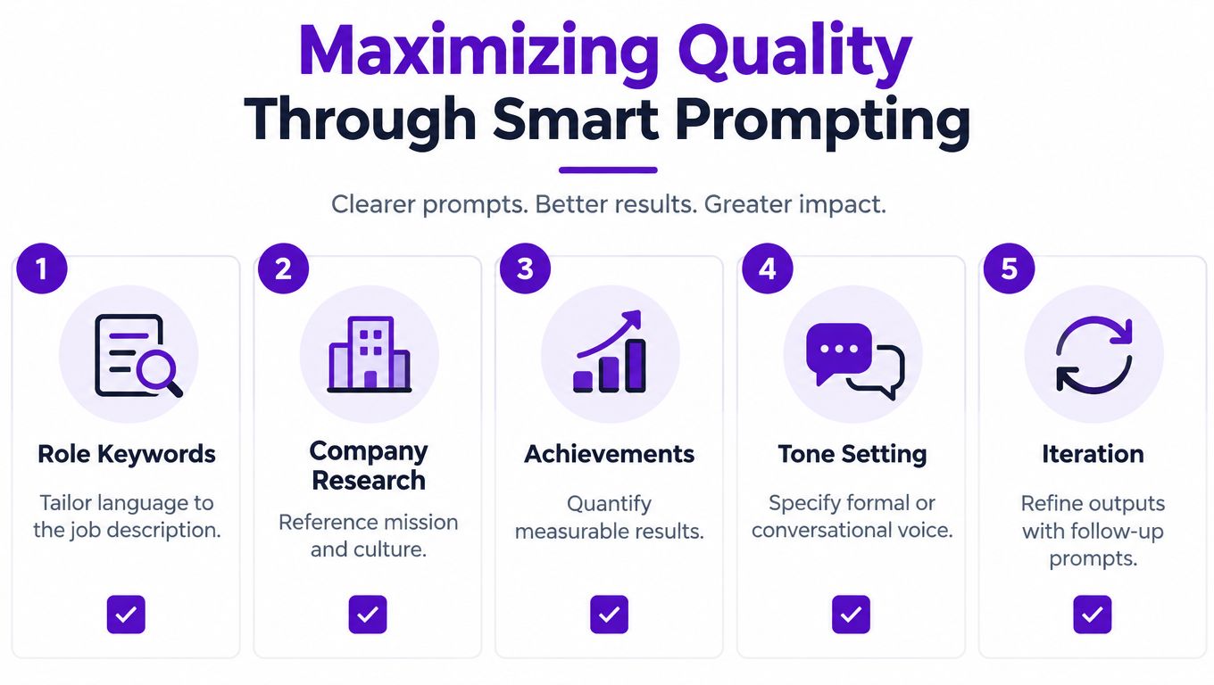 An infographic titled Maximizing Quality Through Smart Prompting, illustrating five steps to improve AI writing results.