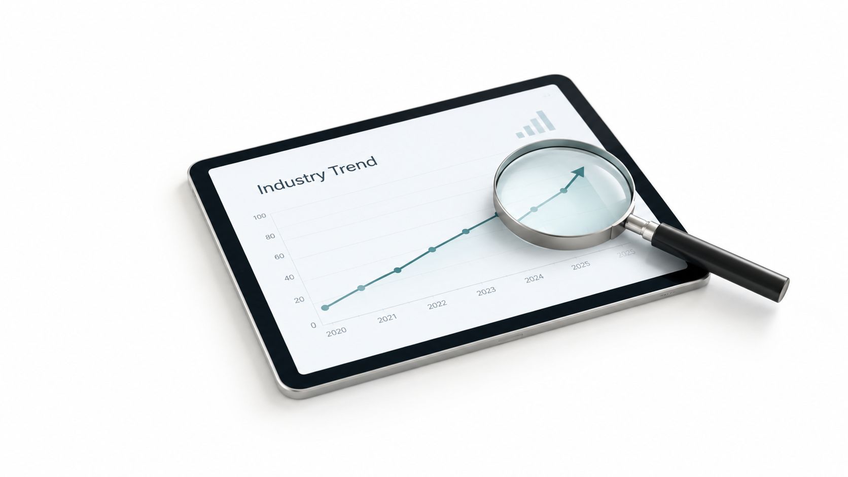 A digital tablet displaying an upward trending line graph with a magnifying glass focused on the data.