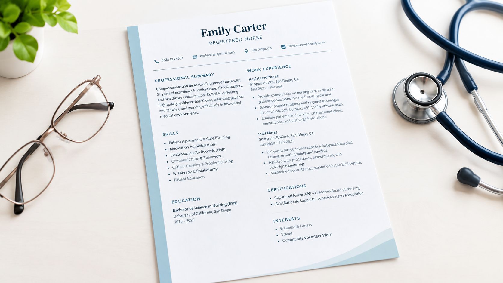 A professional resume for a Registered Nurse placed on a desk next to glasses and a stethoscope.