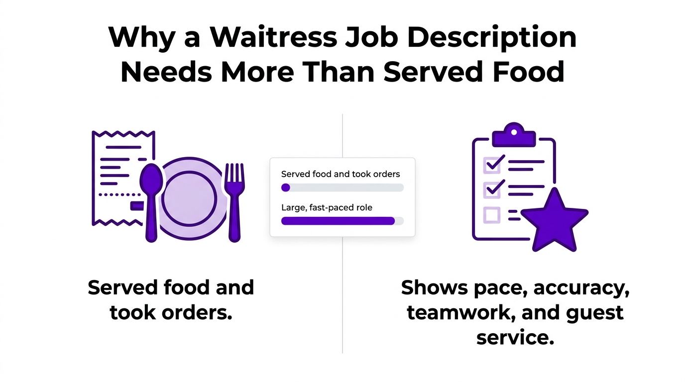 An infographic comparing a basic versus a comprehensive job description for a waitress on a resume.