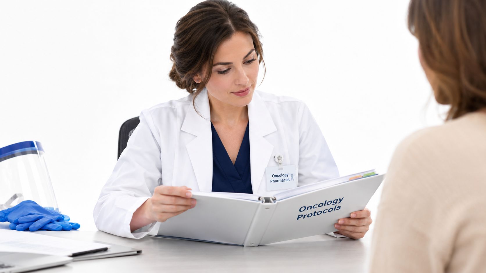 An oncology pharmacist wearing a white coat reviewing protocols with a patient during a medical consultation.