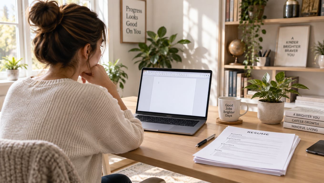 A young woman sitting at a desk with a laptop and resume preparing for job applications.