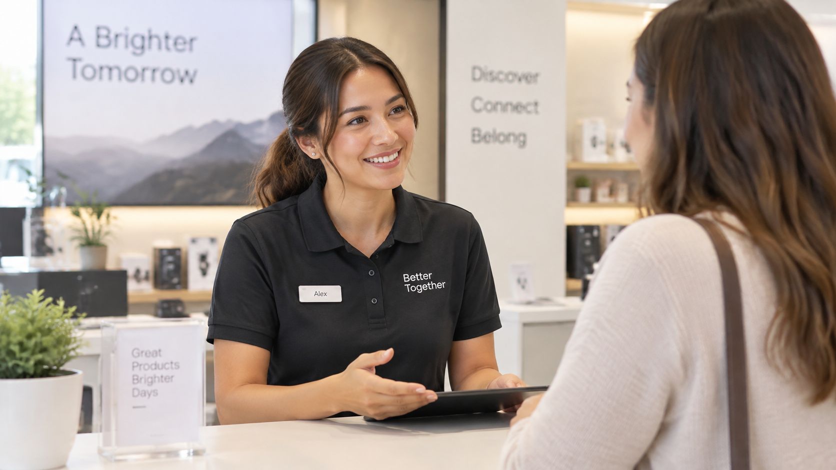 A friendly retail store employee named Alex smiles while assisting a customer at a bright service desk.