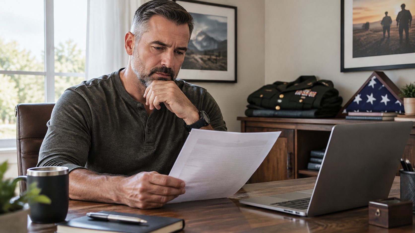 A middle-aged man reviewing documents at his desk with a laptop and military memorabilia in the background.
