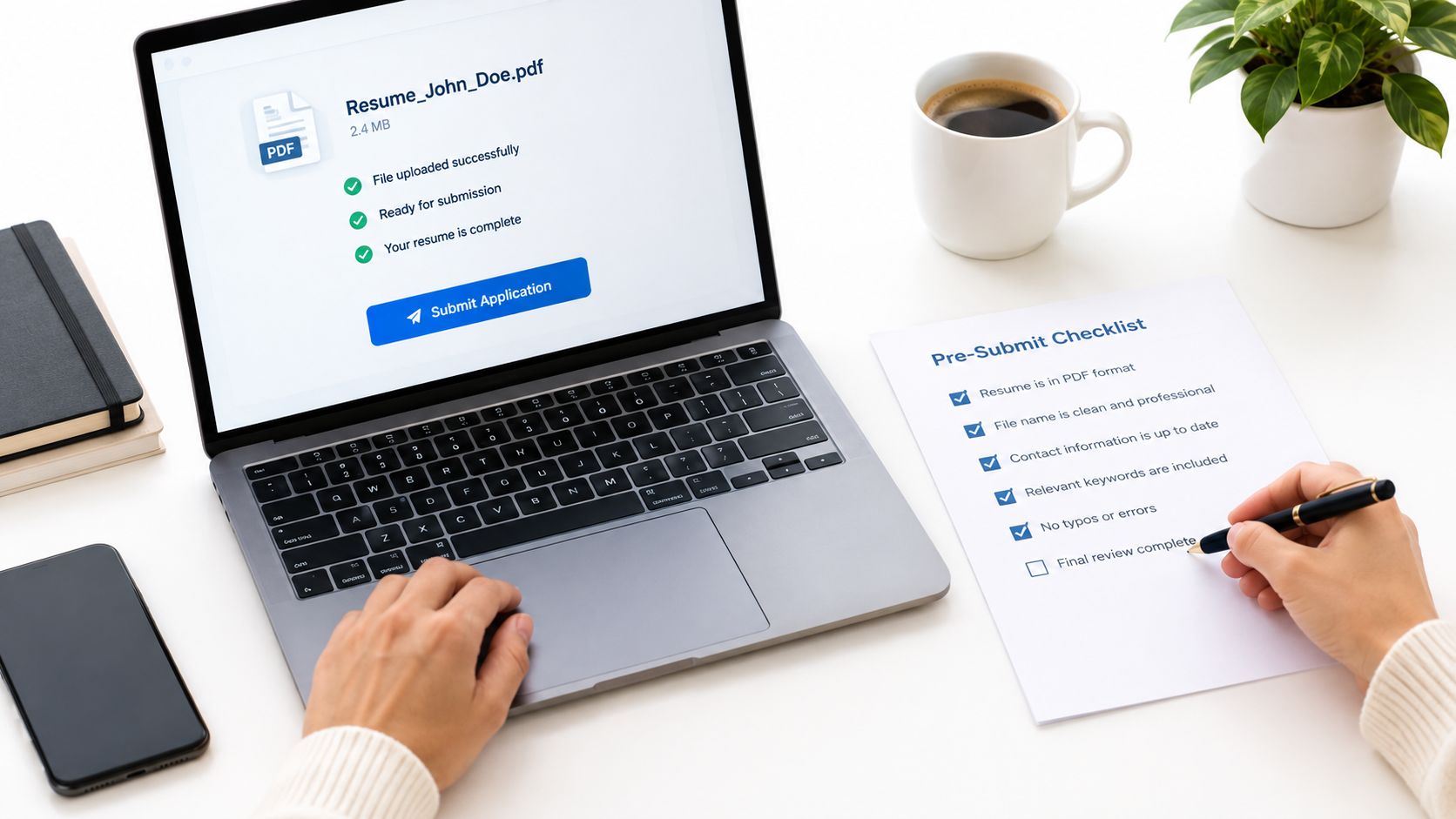 A person checking a resume checklist before submitting a job application on a laptop computer.