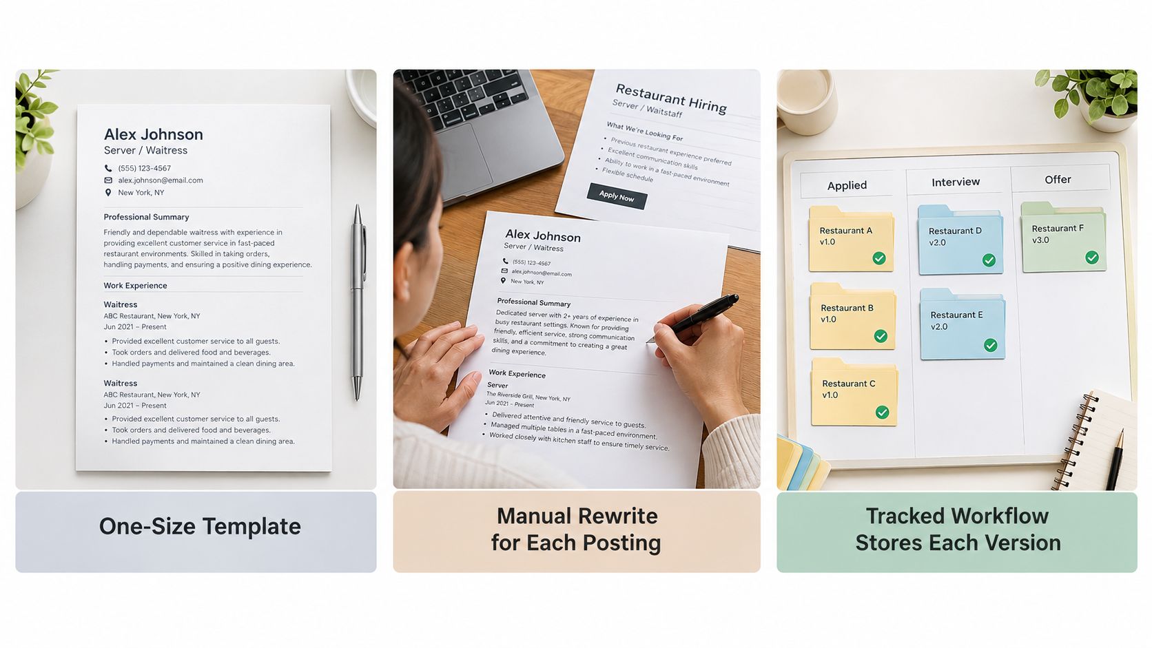 A comparison illustration showing different job application strategies including resume templates, manual rewrites, and tracked workflows.