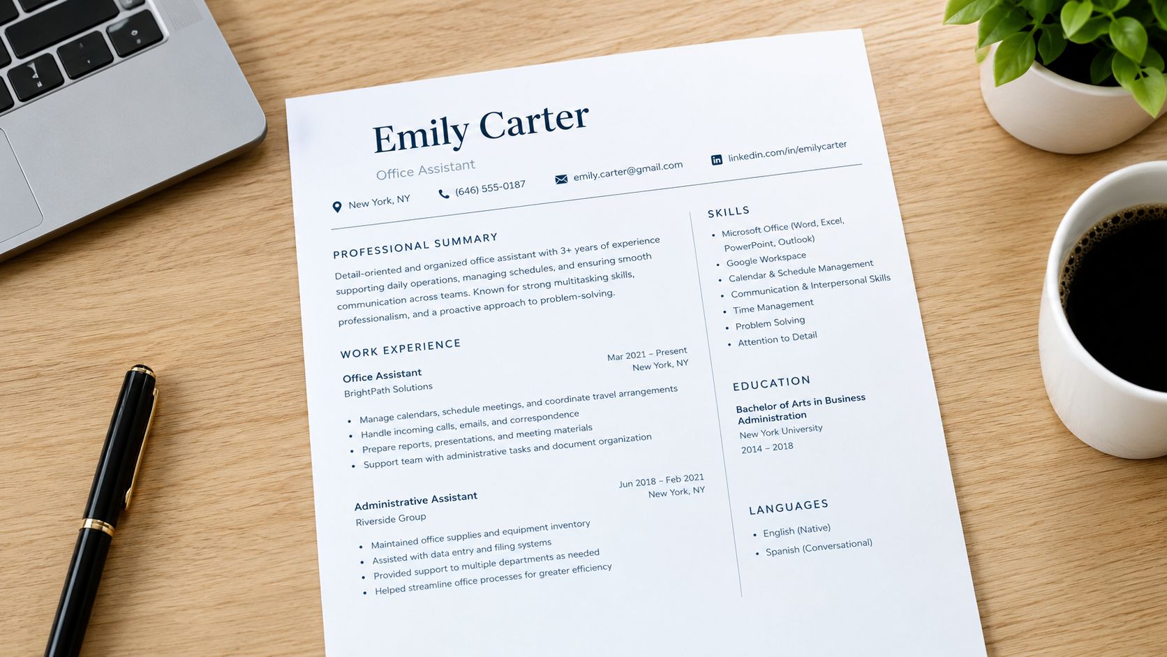 Screenshot from https://example.com/office-assistant-resume-sample.png