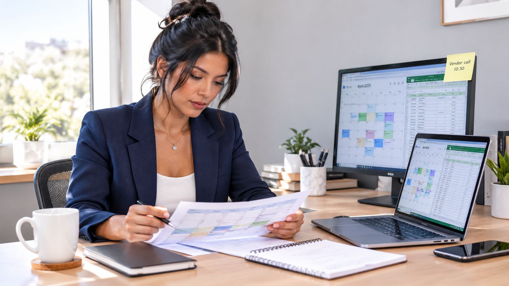 A professional woman in a blazer reviewing business documents at her organized office desk with a computer.