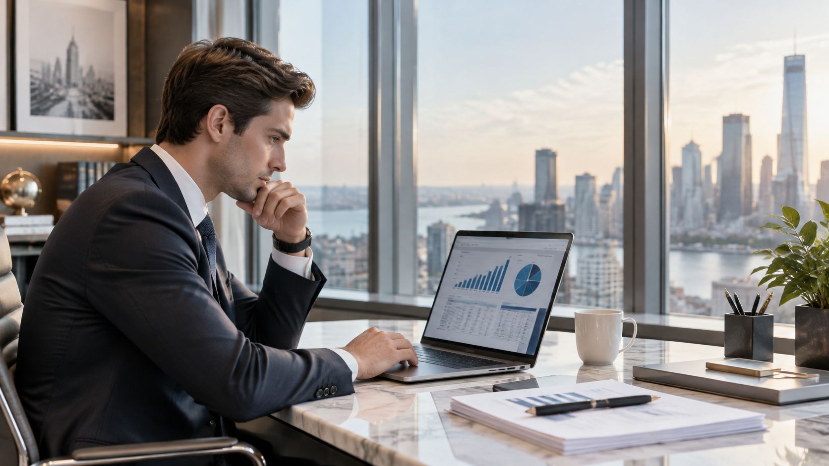 A professional finance analyst sitting at his office desk, carefully reviewing data charts on his laptop screen.