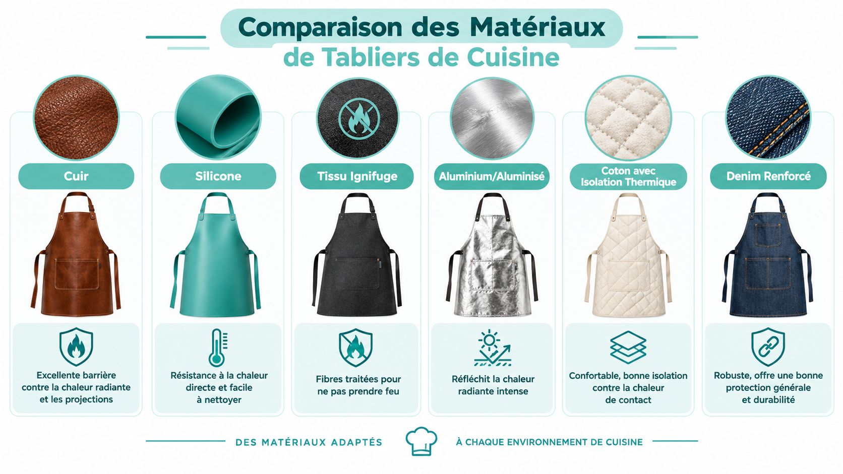 Infographie comparant six types de tabliers de cuisine selon leurs matériaux et leurs propriétés de protection thermique.