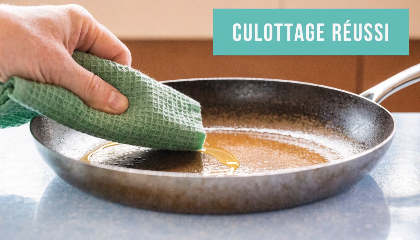 Une main utilise un chiffon vert pour étaler de l'huile sur une poêle en acier pour le culottage.