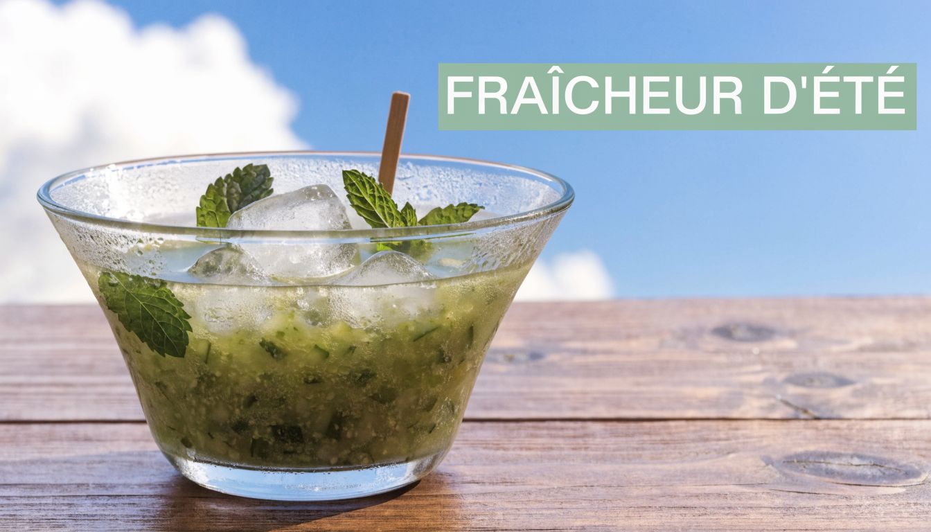 Un bol en verre rempli d'une soupe froide au concombre, garni de menthe fraîche, sur une table.