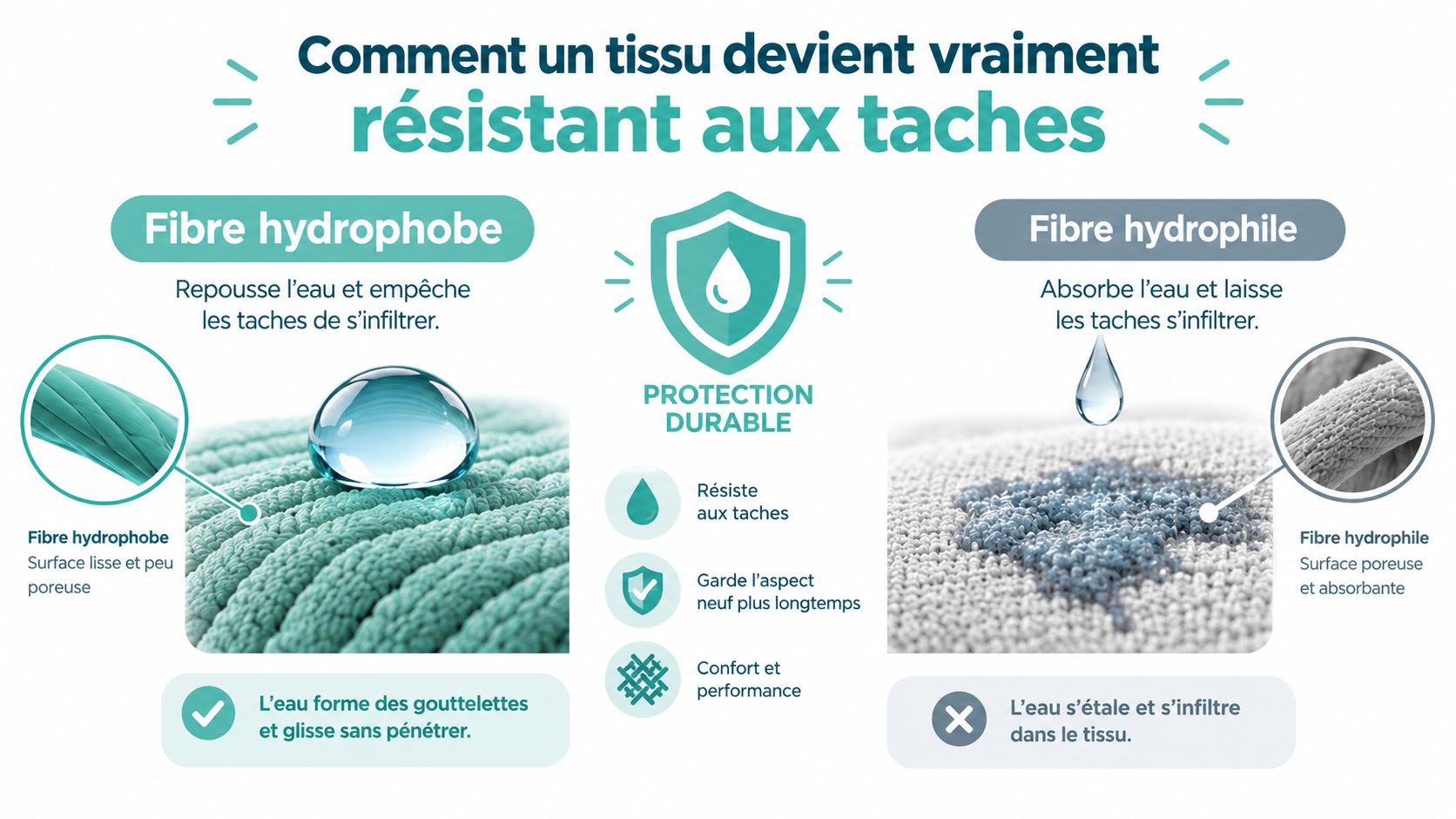 Infographie comparant les fibres hydrophobes et hydrophiles pour expliquer comment les tissus deviennent résistants aux taches.