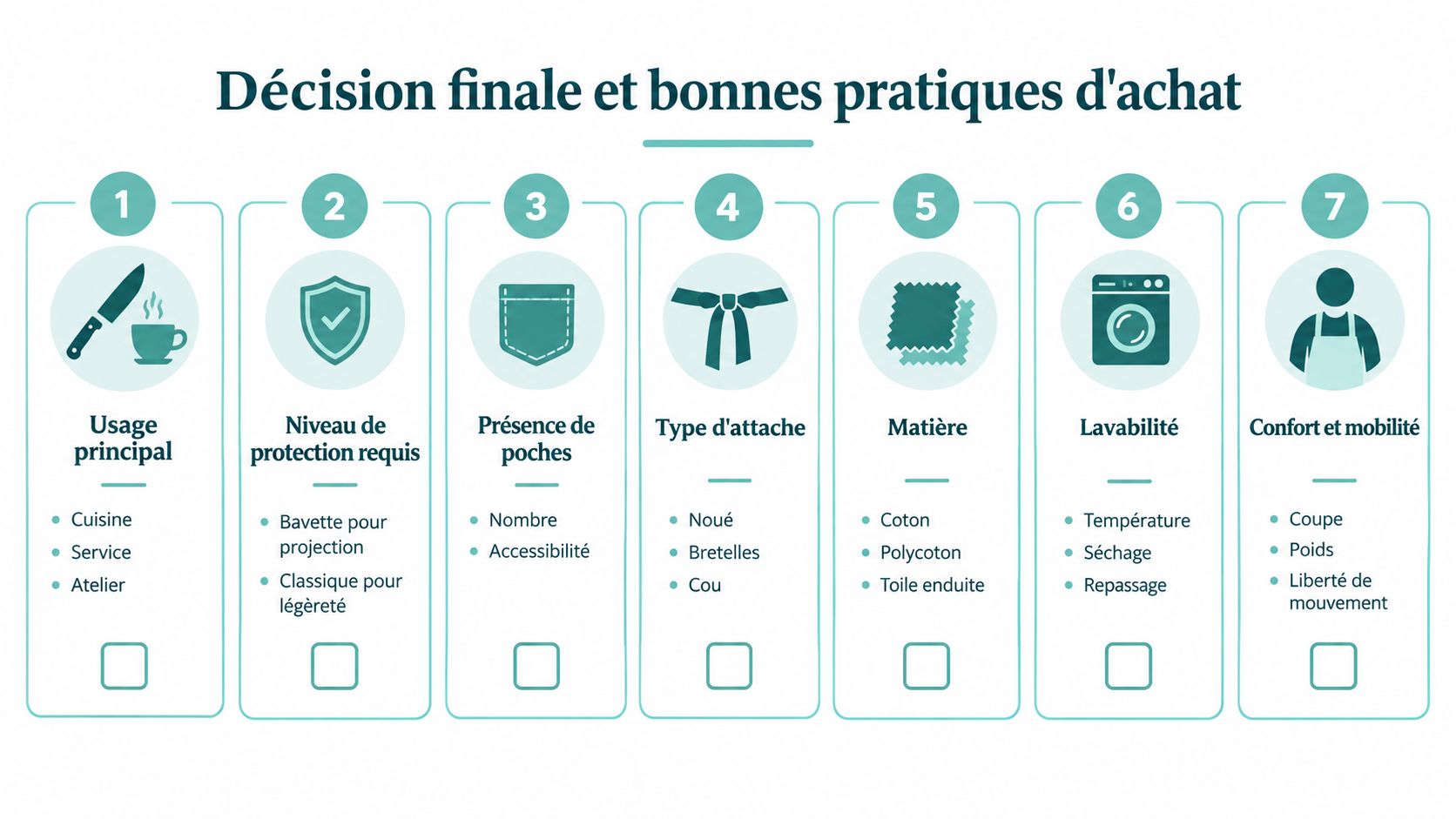 Infographie présentant sept étapes essentielles pour choisir le tablier idéal selon ses besoins professionnels.