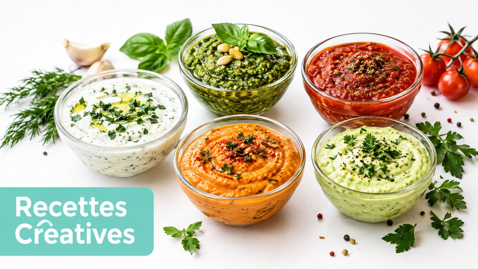 Cinq bols en verre contenant des sauces et trempettes colorées variées disposées sur une surface blanche.