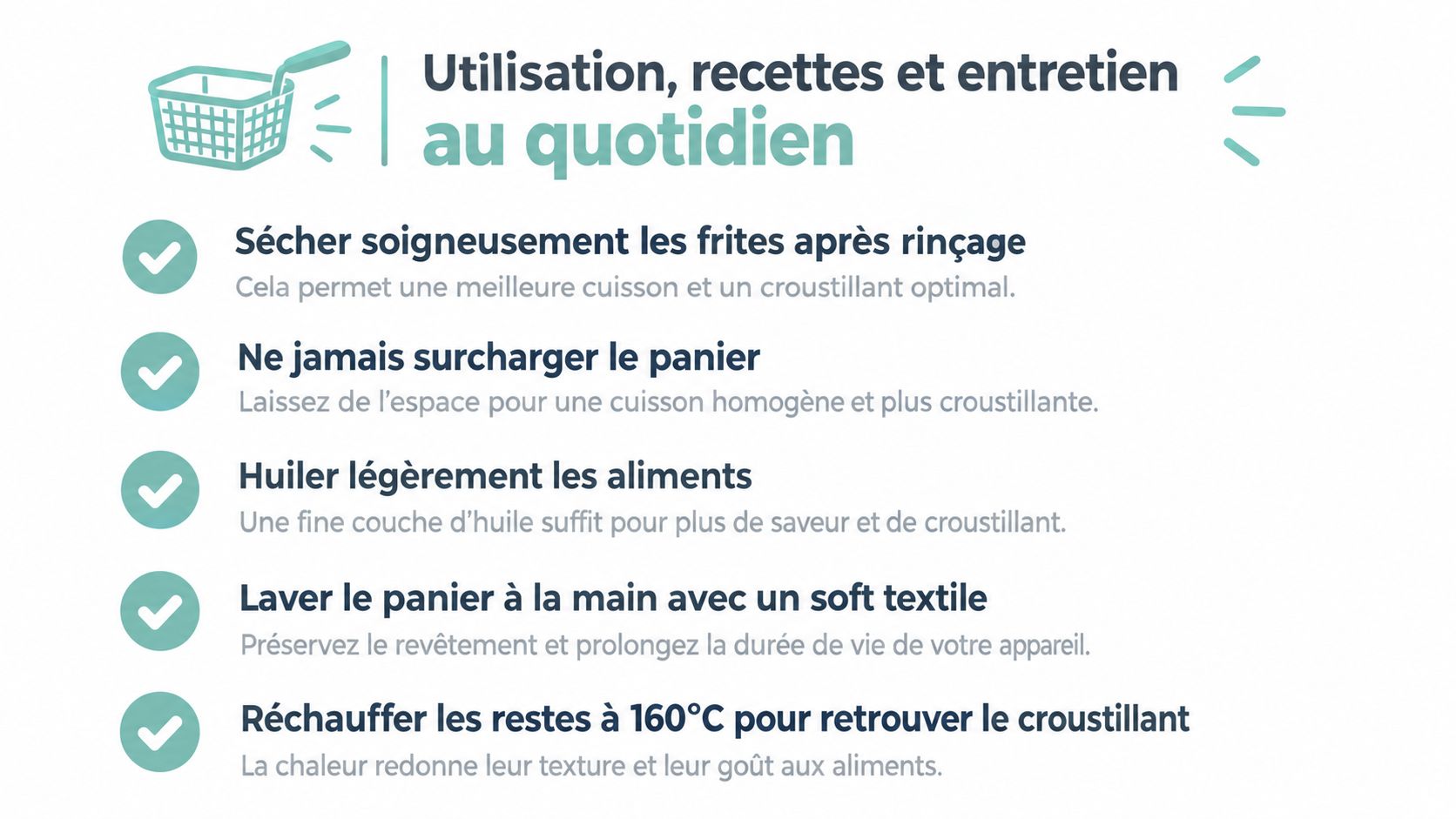 Une infographie avec des conseils pour l'utilisation, la cuisson et l'entretien quotidien d'une friteuse à air.