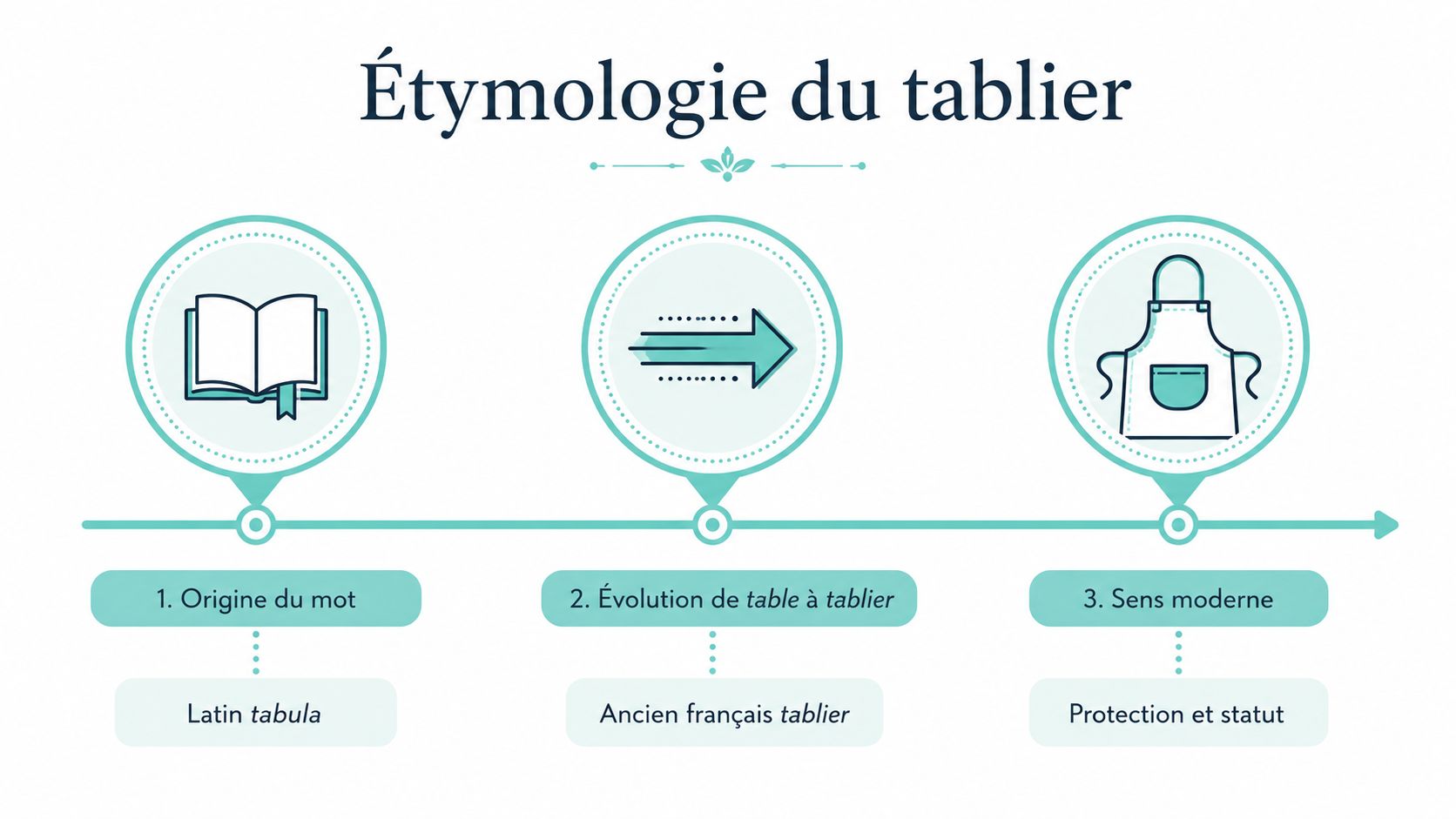 Infographie illustrant l'étymologie du mot tablier depuis son origine latine jusqu'à son sens moderne actuel.