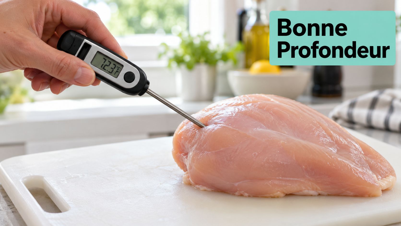Une main insère un thermomètre numérique dans un filet de poulet cru sur une planche à découper.