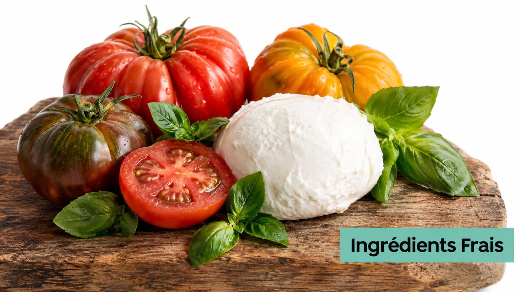 Une sélection de tomates fraîches colorées, de la mozzarella crémeuse et du basilic sur une planche rustique.