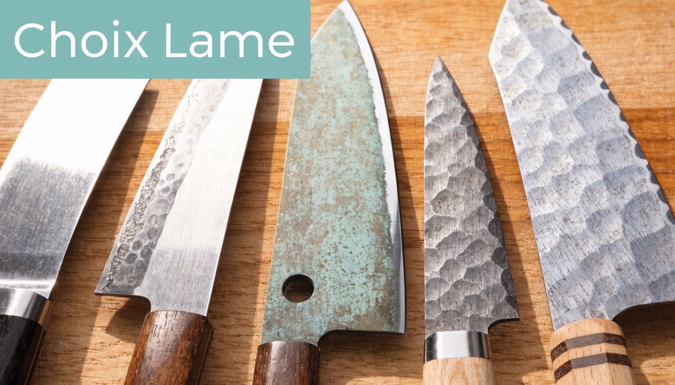 Une sélection de cinq couteaux de cuisine japonais artisanaux aux finitions variées posés sur une planche en bois.