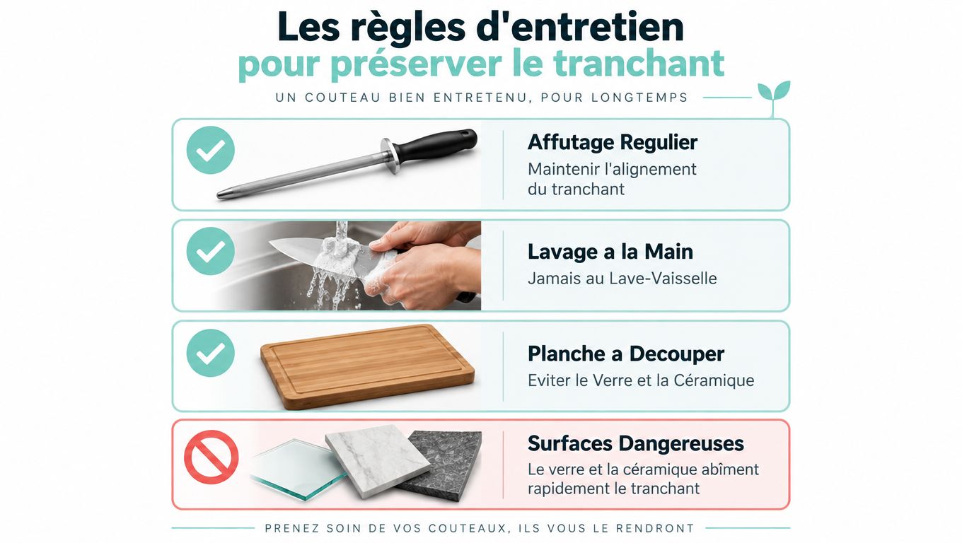 Infographie illustrant quatre conseils essentiels pour entretenir vos couteaux de cuisine et préserver durablement leur tranchant.