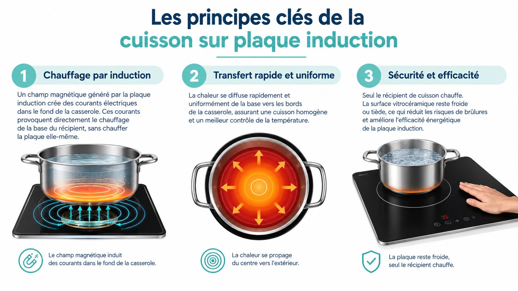 Illustration expliquant les trois principes clés du fonctionnement efficace et sécurisé d'une plaque de cuisson à induction.