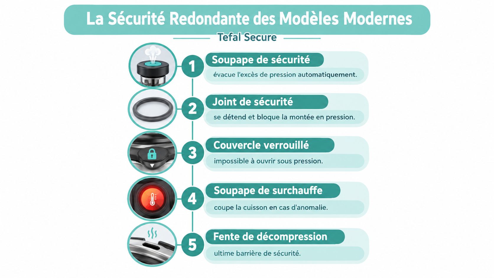 Infographie montrant les cinq dispositifs de sécurité d'une cocotte-minute Tefal pour une utilisation domestique sécurisée.