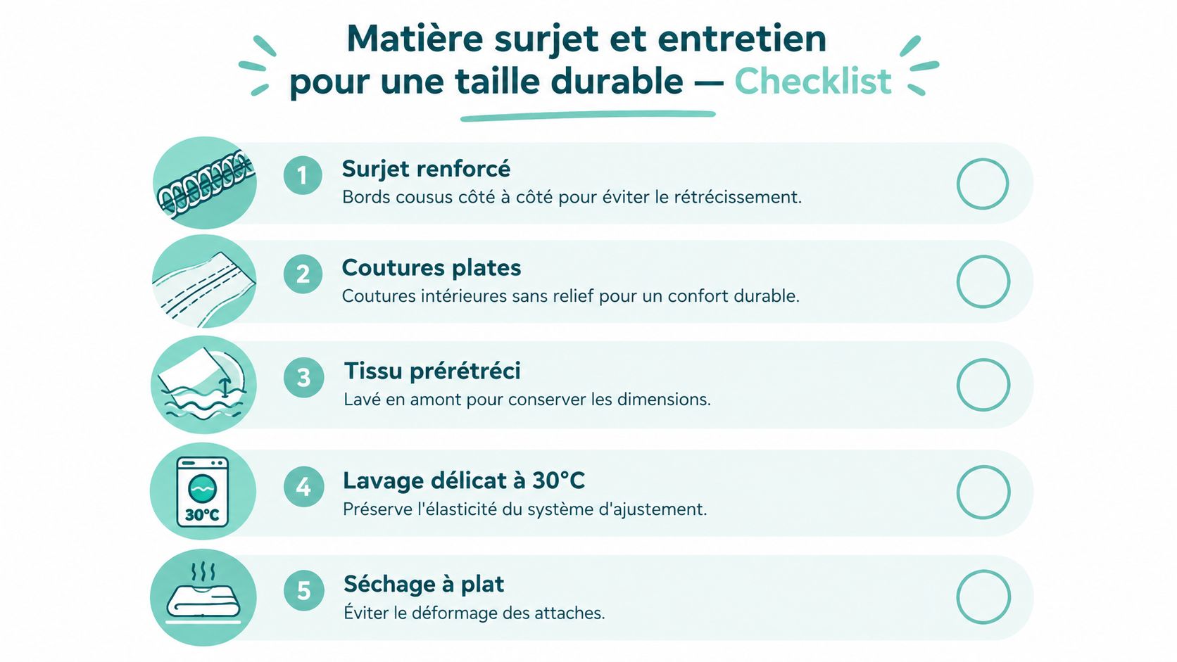 Check-list des conseils pour l'entretien et la durabilité des matières textiles afin de garantir une taille adaptée.