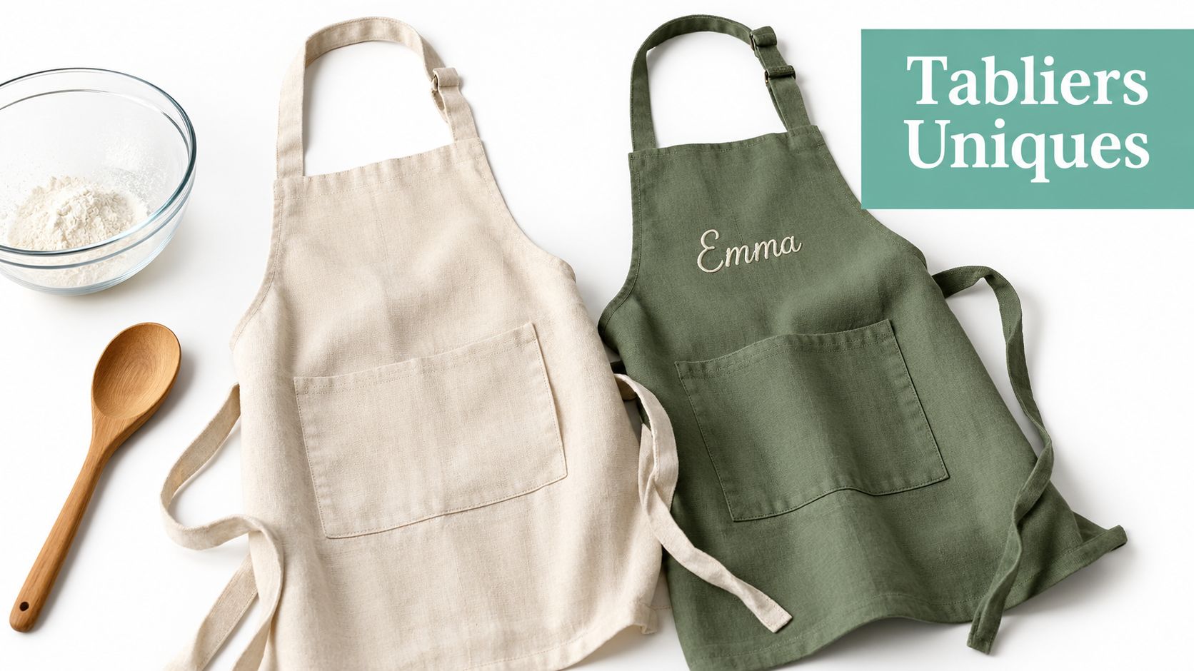 Deux tabliers de cuisine en lin, l'un beige et l'autre vert avec le prénom Emma brodé dessus.