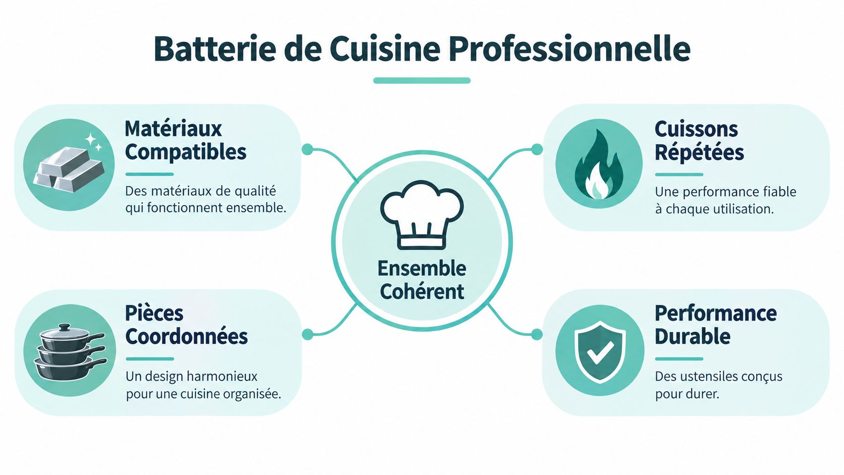 Schéma illustrant les avantages d'une batterie de cuisine professionnelle incluant durabilité, performance et design harmonieux.
