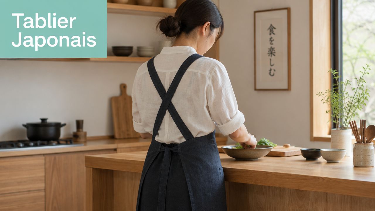 Une femme portant un tablier japonais croisé dans le dos tout en préparant des légumes dans sa cuisine.