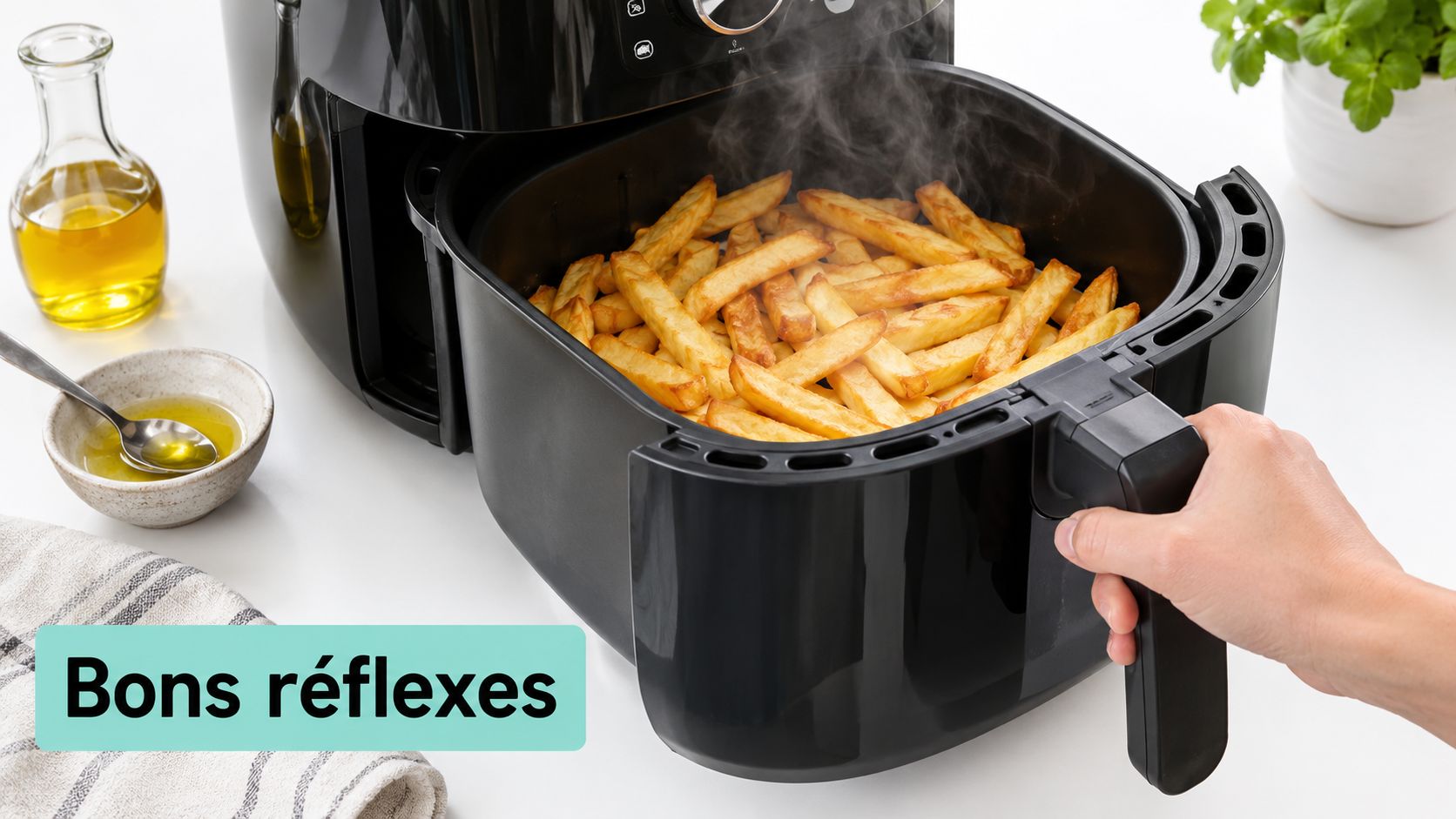 Une main tient le panier d'une friteuse à air chaud rempli de frites dorées et croustillantes.