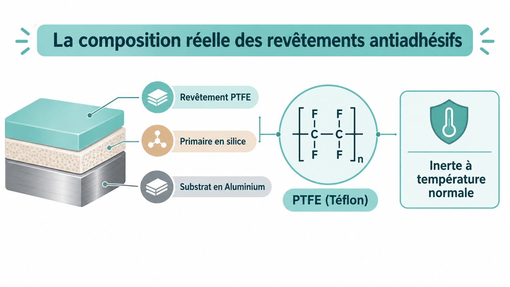 Schéma explicatif de la composition multicouche d'une poêle antiadhésive avec revêtement PTFE, primaire en silice et aluminium.