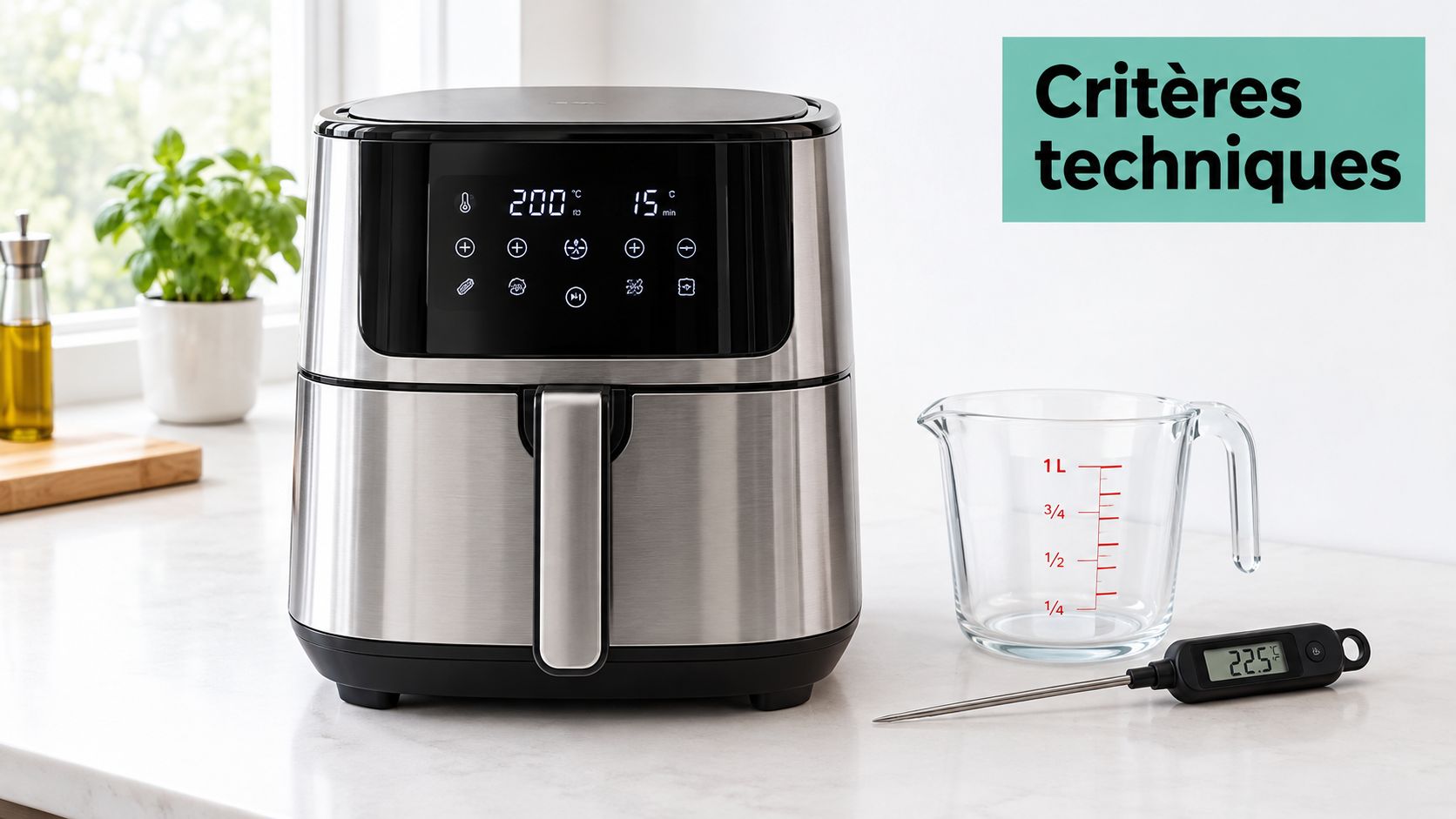 Une friteuse à air en acier inoxydable avec écran numérique sur un comptoir de cuisine moderne.