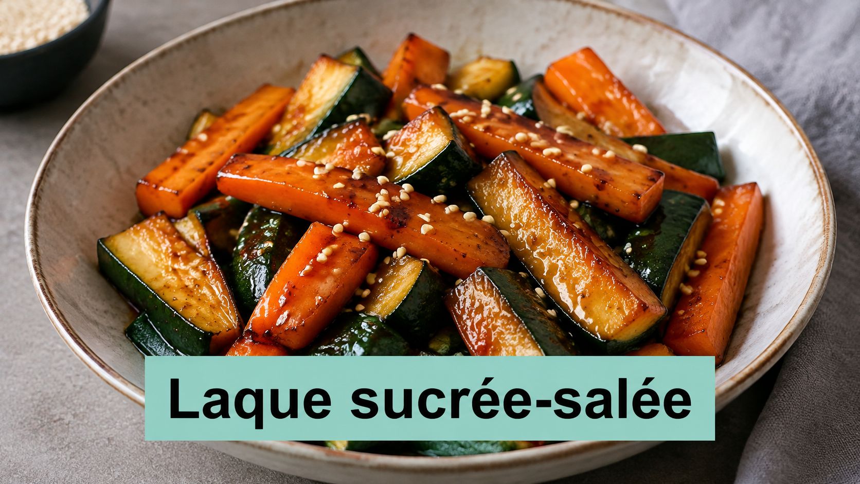 Plat de légumes sautés au wok avec une laque sucrée-salée brillante, saupoudrés de graines de sésame.