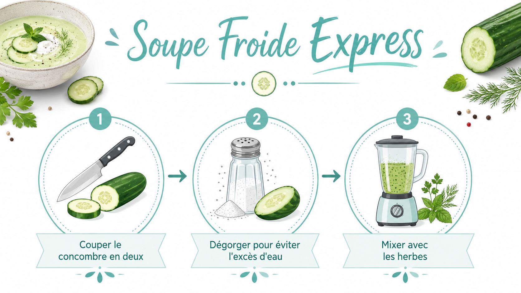 Une infographie montrant les trois étapes simples pour préparer une soupe froide au concombre express.