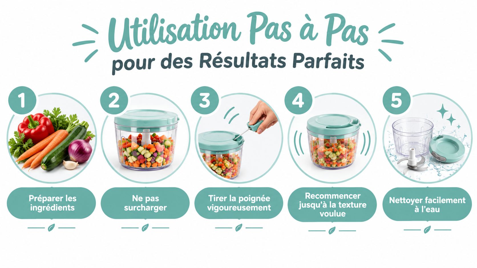 Instructions étape par étape pour utiliser un hachoir manuel, montrant la préparation et le nettoyage de l'appareil.