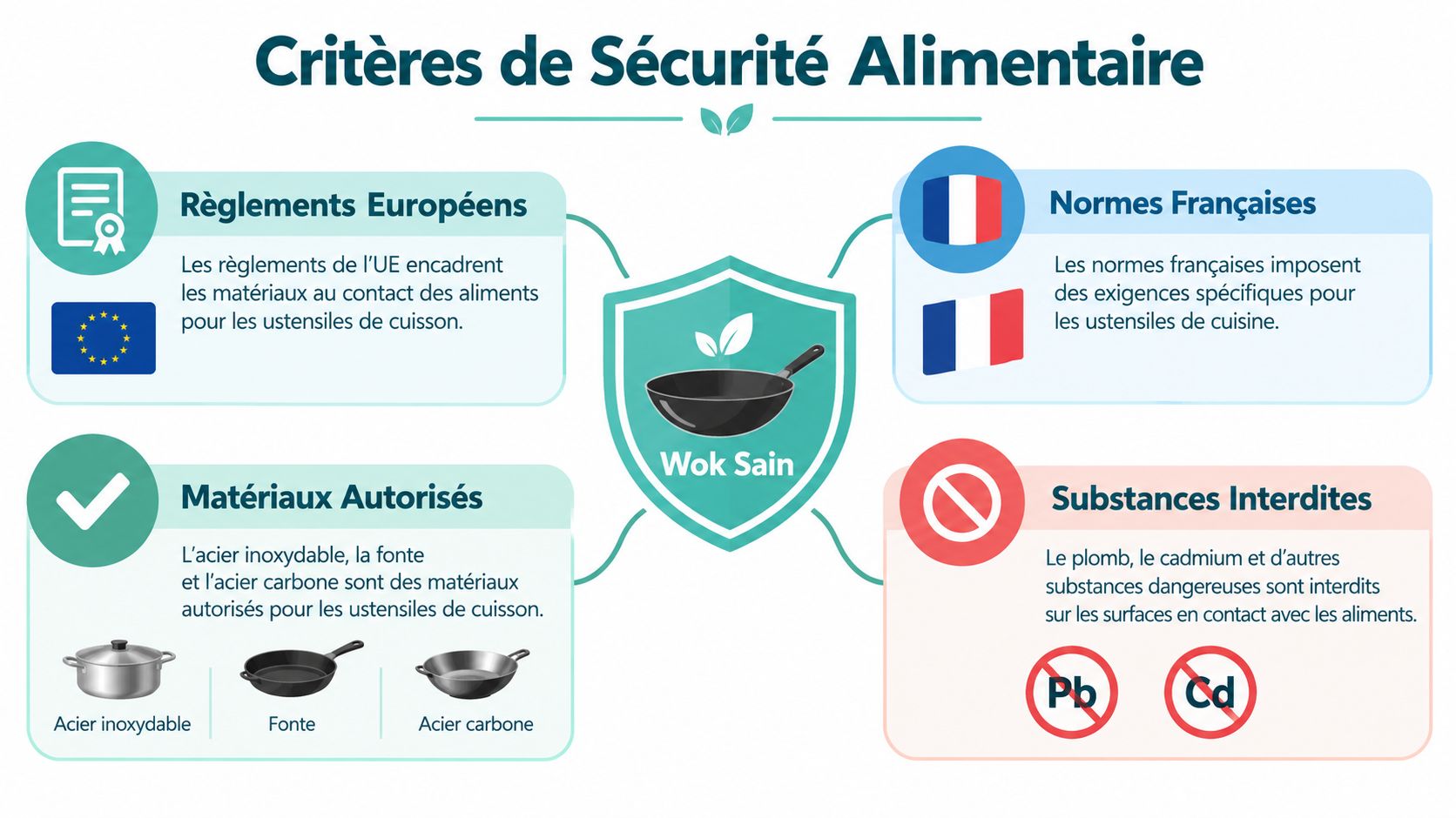 Infographie illustrant les normes de sécurité alimentaire pour les ustensiles de cuisine et les matériaux sains.