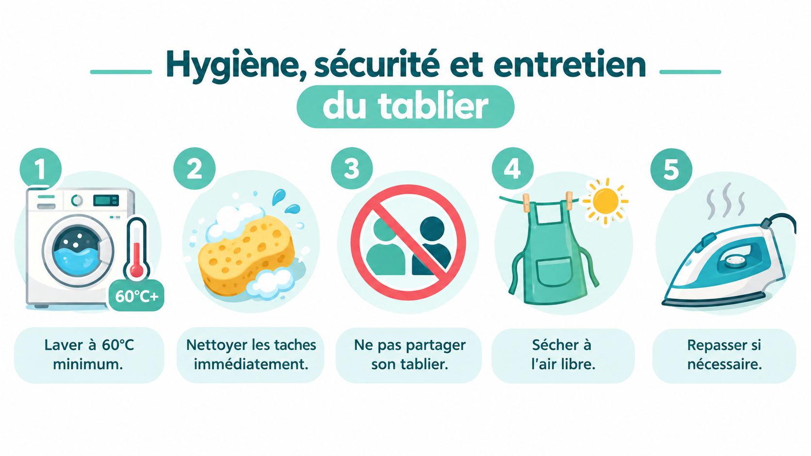 Une infographie illustrant les cinq étapes d'hygiène, de sécurité et d'entretien pour un tablier de cuisine.