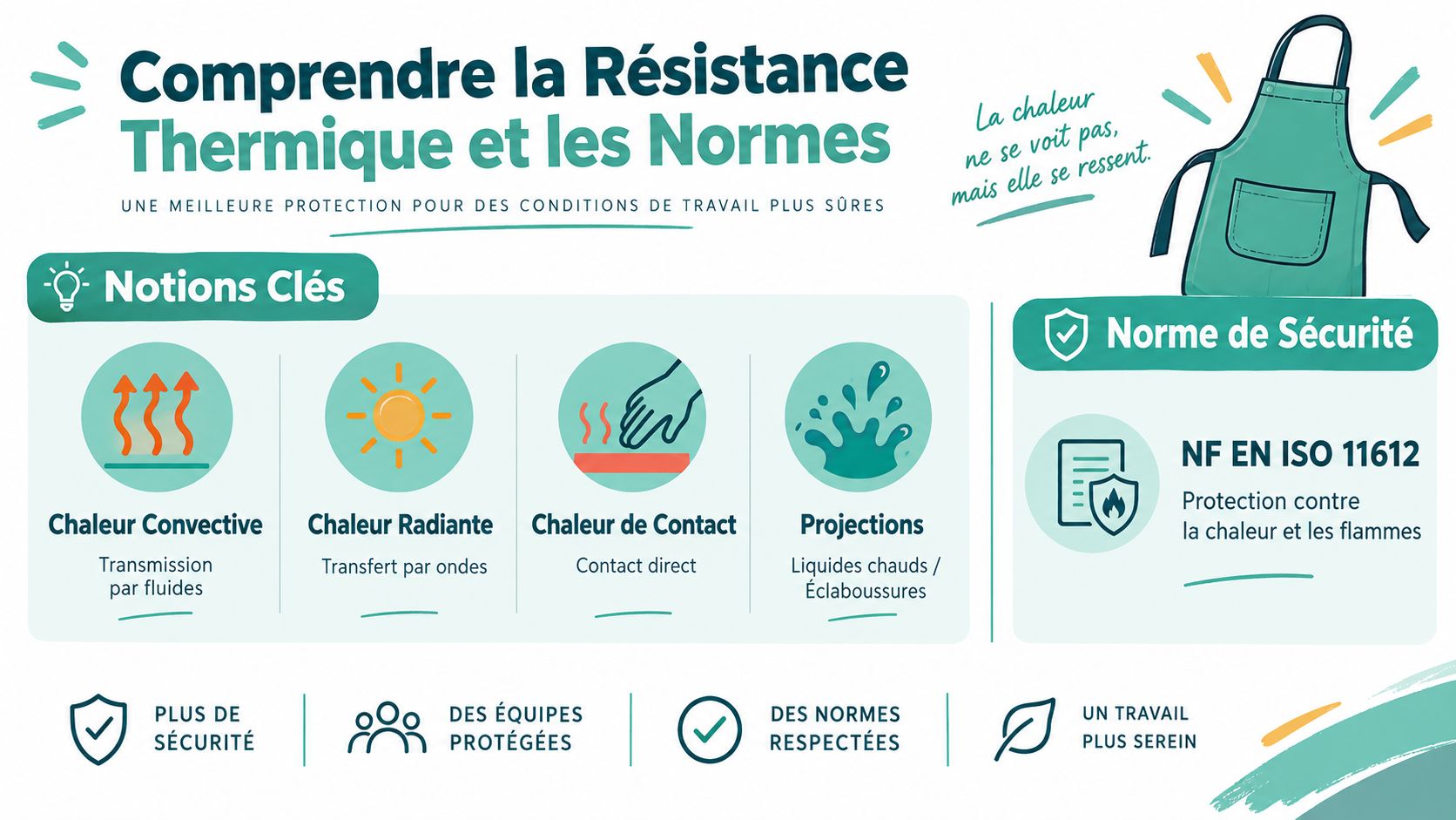 Infographie illustrant la résistance thermique, les types de chaleur et la norme NF EN ISO 11612.