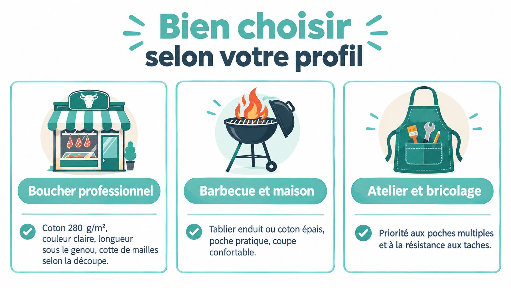 Infographie présentant trois types de tabliers adaptés pour les bouchers, les barbecues et le bricolage à l'atelier.