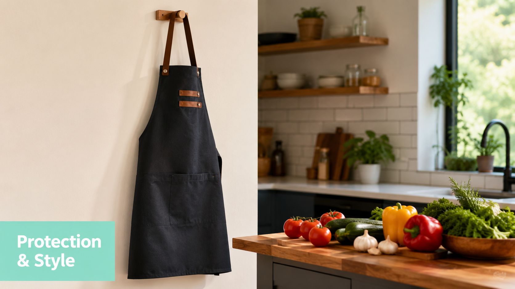 Un tablier de cuisine noir avec des détails en cuir suspendu sur un mur près de légumes.