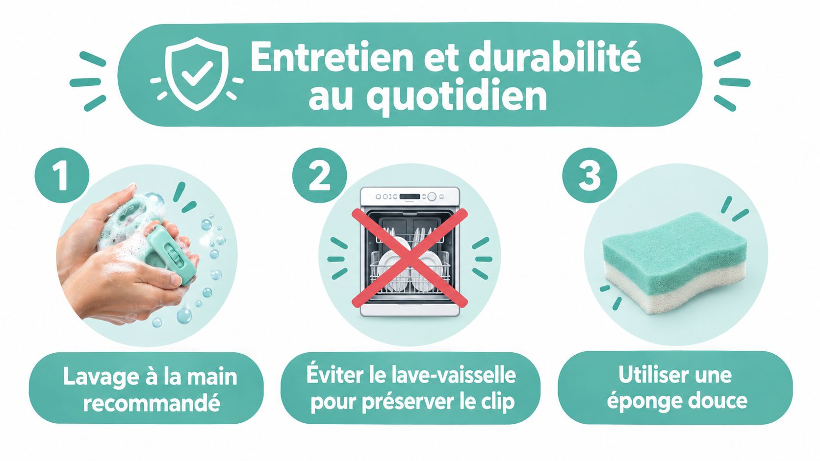 Instructions d'entretien pour le clip Tefal Ingenio illustrées par trois étapes simples avec des pictogrammes explicites.
