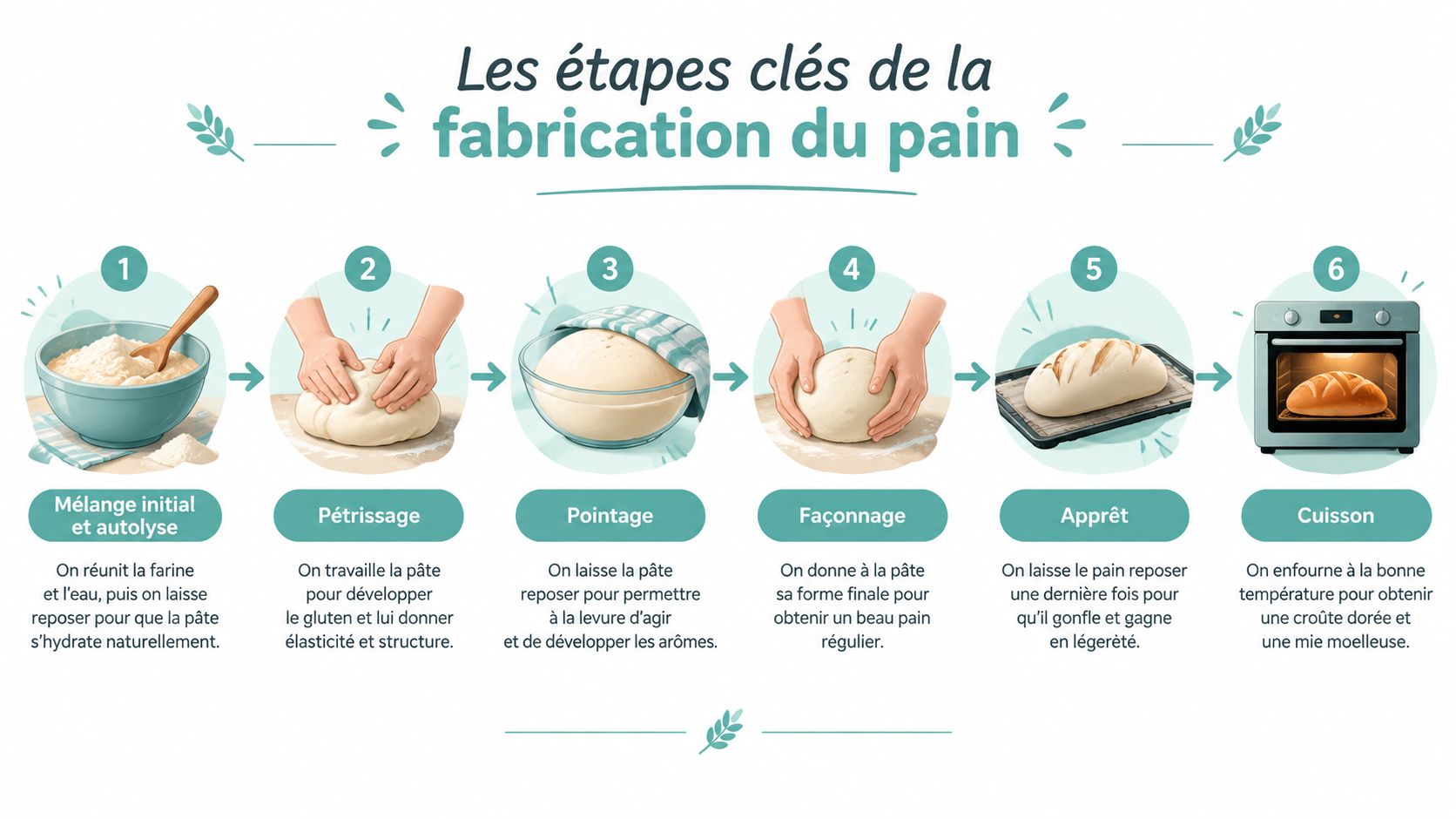Une infographie détaillée illustrant les six étapes essentielles pour réussir la fabrication du pain maison.