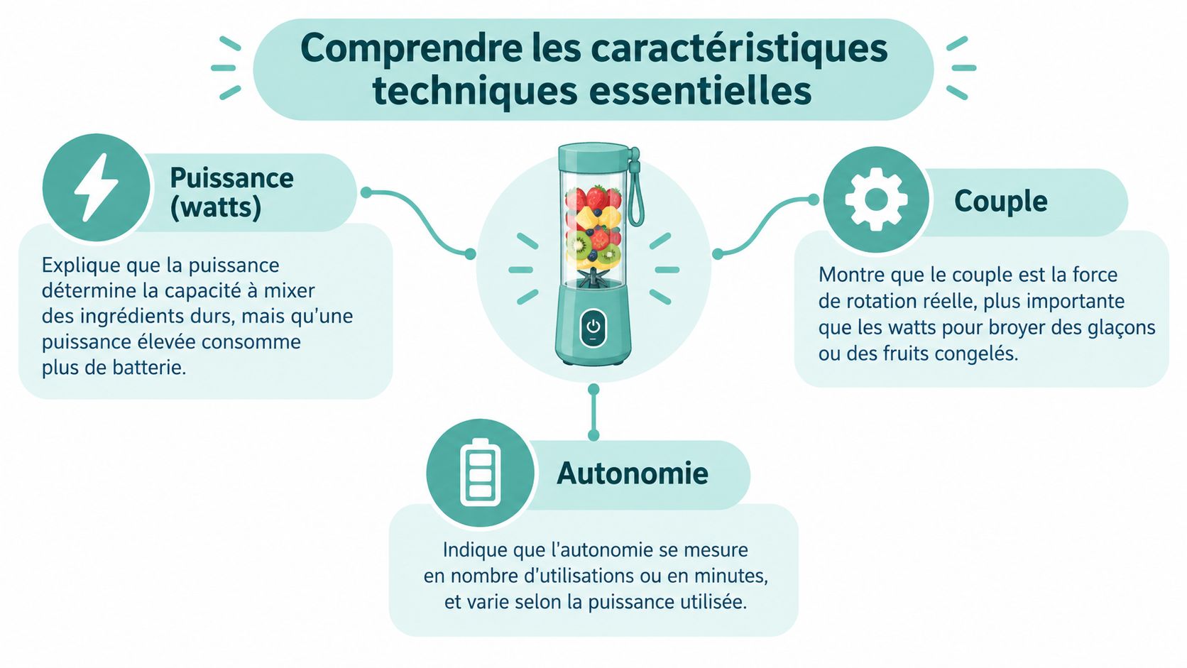 Infographie expliquant les trois caractéristiques techniques essentielles d'un blender portable sans fil pour mieux choisir.