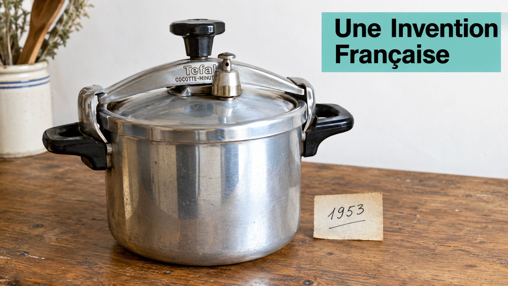 Une ancienne cocotte-minute en aluminium de marque Tefal posée sur une table en bois avec 1953 écrit.
