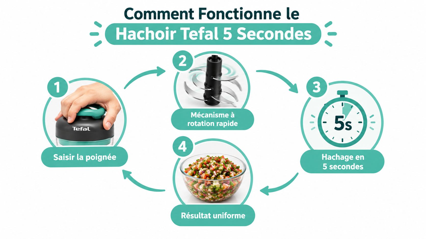 Une infographie montrant les quatre étapes simples de fonctionnement du hachoir manuel Tefal 5 Secondes.